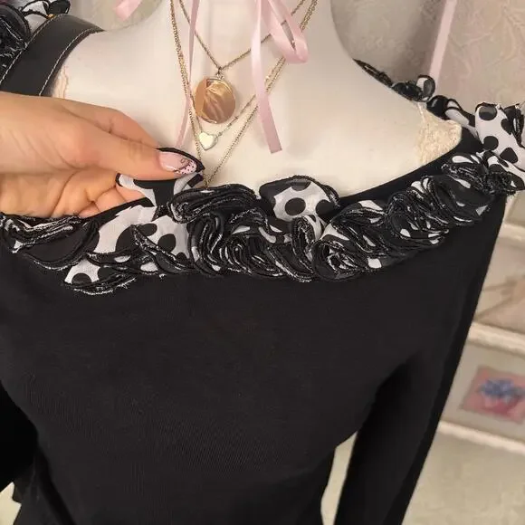 vintage black polka dot‎ grunge off the shoulder top - Picture 4 of 7